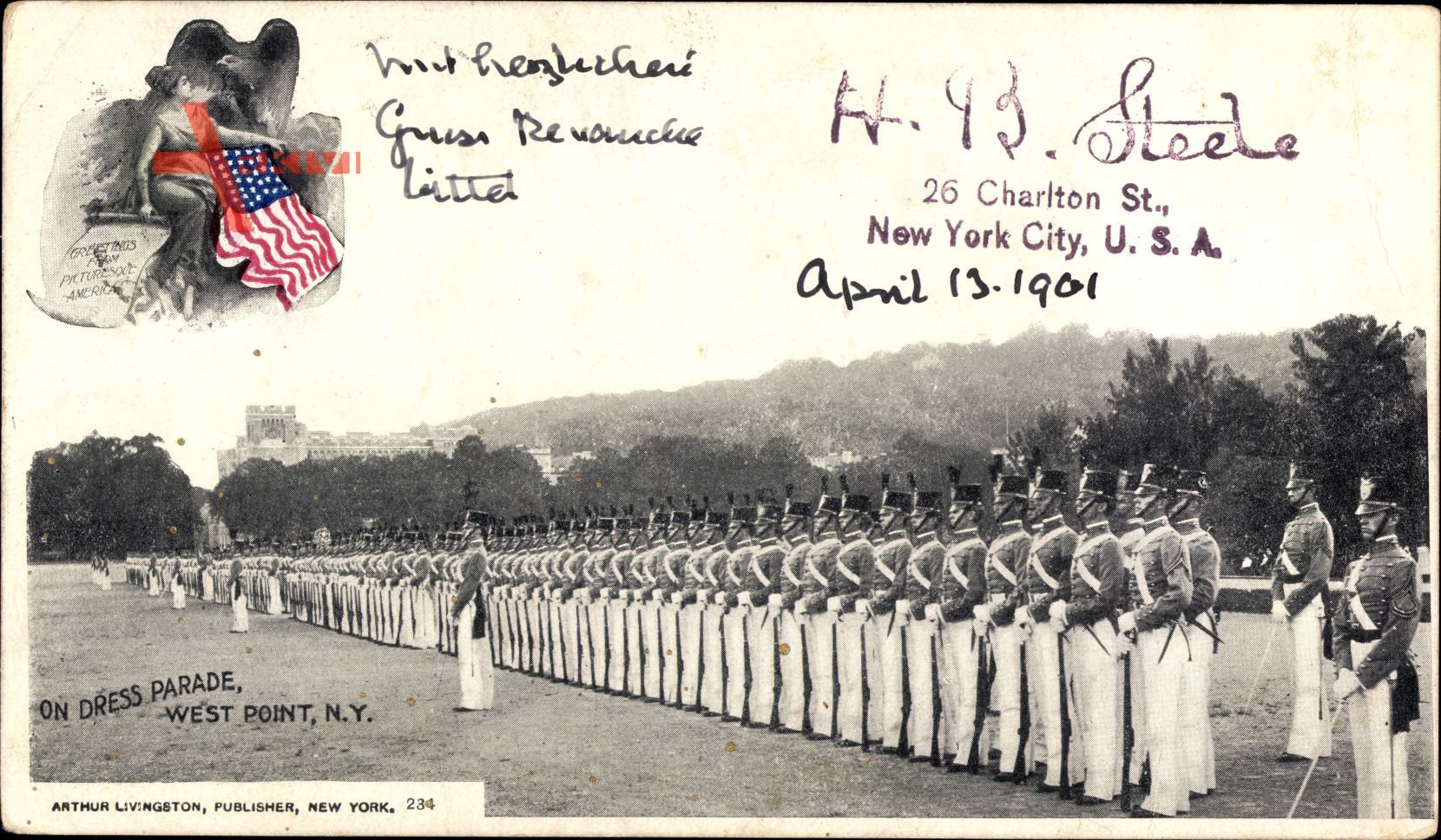 Wappen West Point New York USA, On Dress Parade, Militärparade, Adler, Fahne