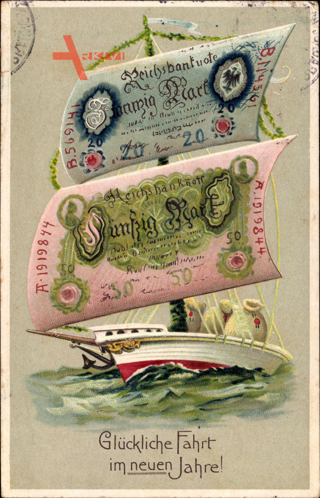 Geldschein Glückwunsch Neujahr, Segelboot, Reichsmark