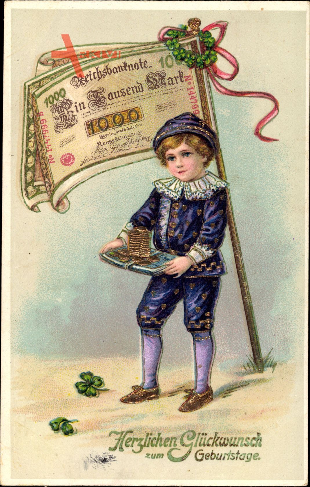 Geldschein Glückwunsch Geburtstag, Junge mit Münzen, Reichsbanknote