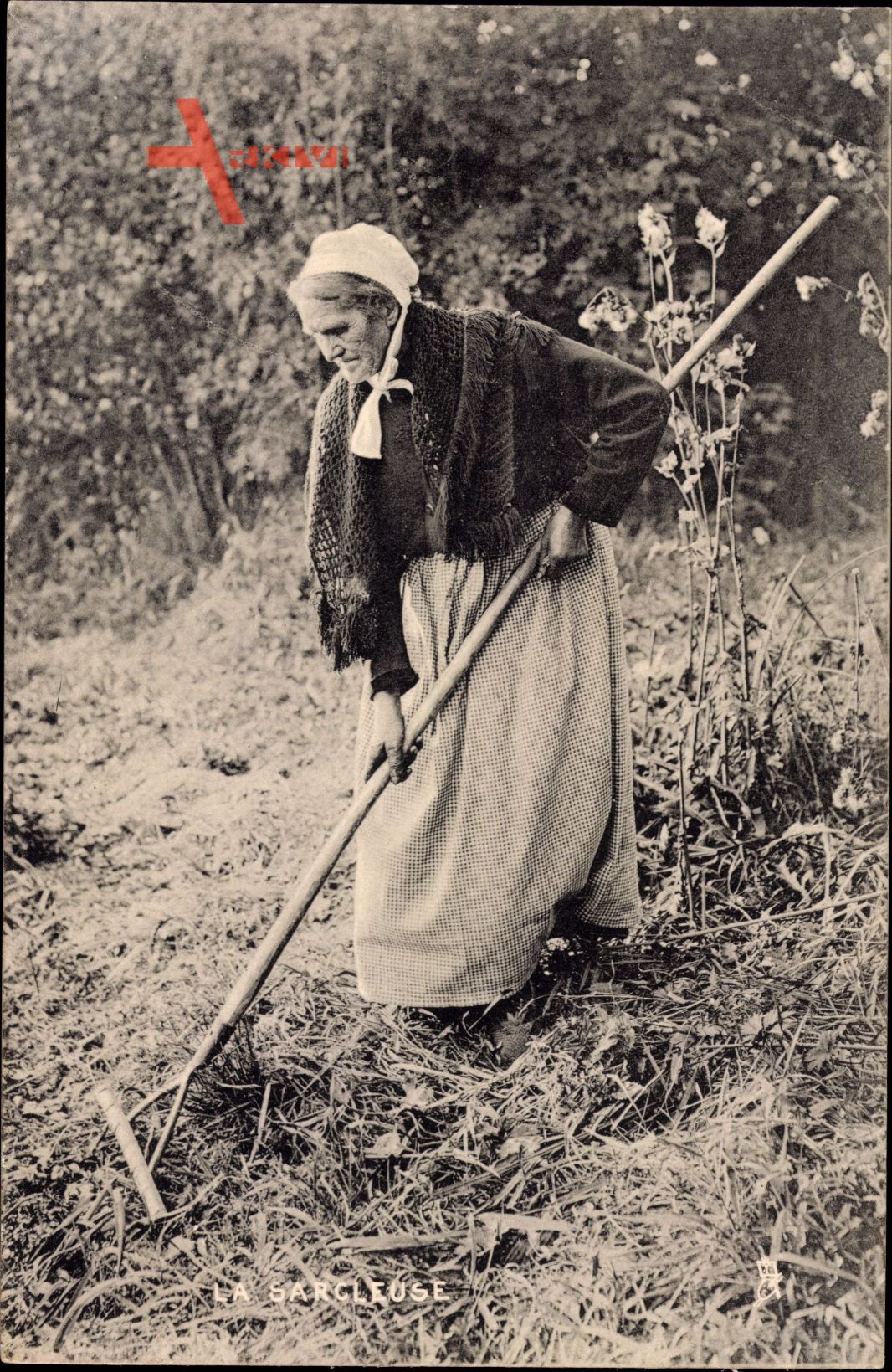 Frankreich, Alte Bäuerin mit Harke, Landarbeit