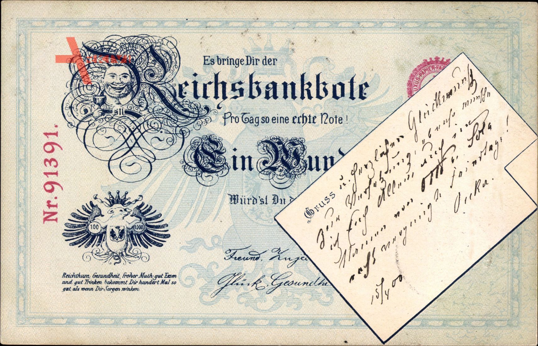 Geldschein Reichsbanknote, Ein Hundert Mark, Reichsbankbote