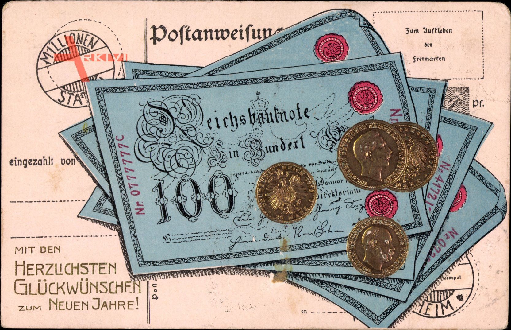 Geldschein Glückwunsch Neujahr, Reichsmark, Goldmark