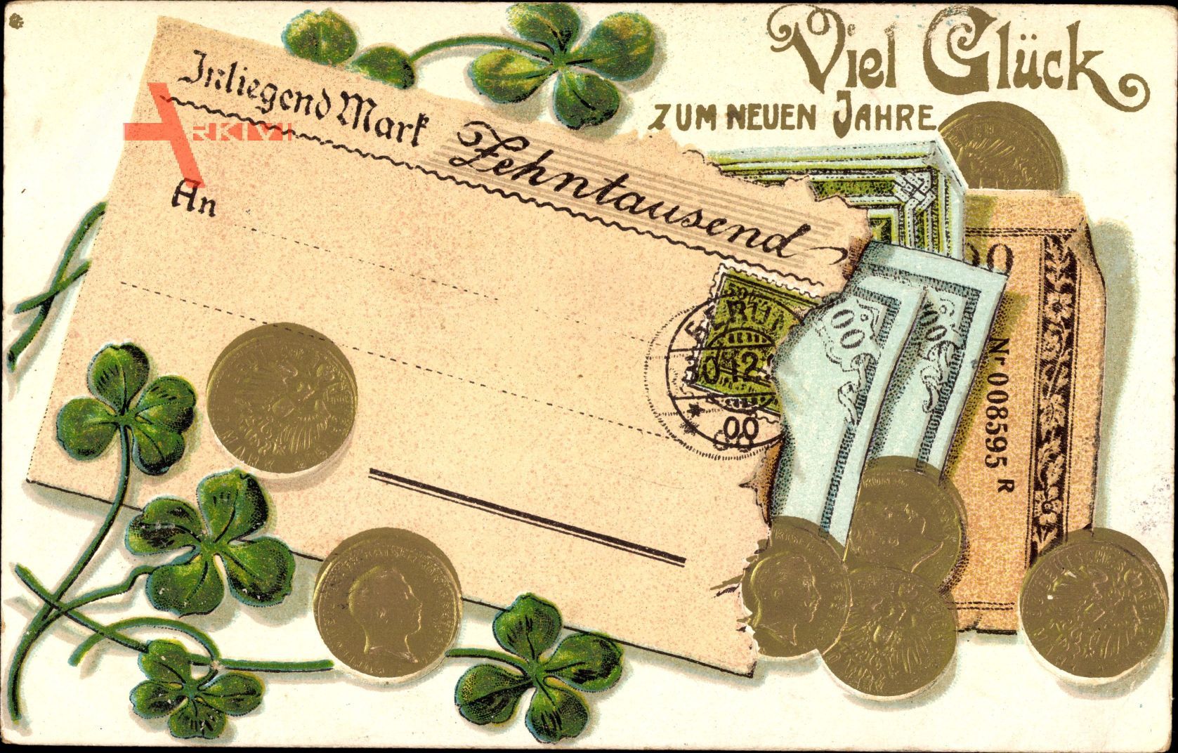 Geldschein Glückwunsch Neujahr, Goldmark, Klee, Reichsmark