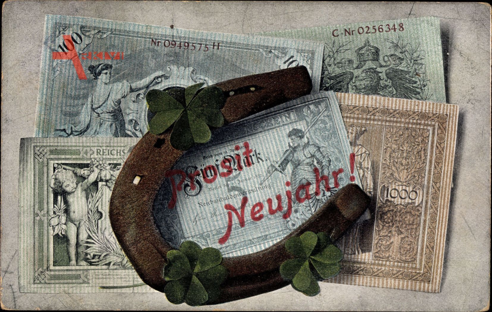 Geldschein Glückwunsch Neujahr, Reichsmark, Banknoten, Hufeisen, Klee