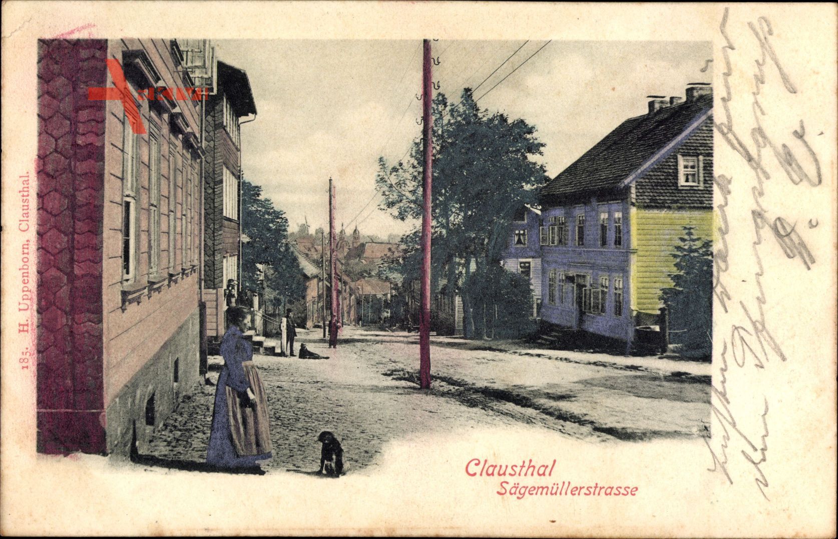 Clausthal Zellerfeld im Oberharz, Die Sägemüllerstraße mit Anwohnerin um 1907