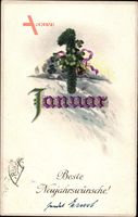 Glückwunsch Neujahr, 1. Januar, Kleeblätter, Tannenzweig