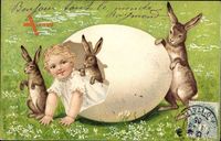 Glückwunsch Ostern, Kind schlüpft aus einem Ei, Osterhase, Eierschale
