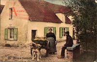 Laitiere flamande, Milchfrau in Tracht mit Hundekarren, Wohnhaus