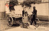 Laitiere flamande, Briefträger mit Fahrrad, Hundekarren, Milchfrau in Tracht
