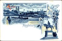 Mondschein Magdeburg, Flusspartie, Boot, Denkmal, Wappen, Fahnen