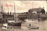 Porlock Weir South West England, Hafenpartie, Segelboote, Haus mit Reetdach