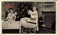 Weihnachtsmann, Mädchen mit Geschenken, Puppen, Puppenwagen